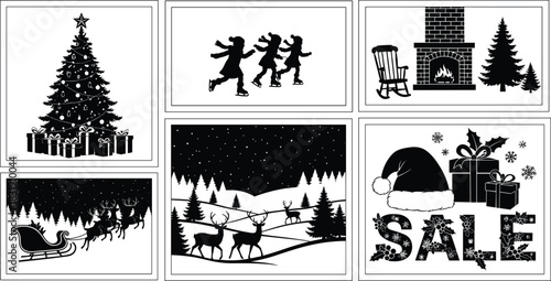 Set of six black silhouette Christmas scenes: decorated tree, ice skating children, reindeer, fireplace, and Santa hat "SALE" text for festive holiday greeting cards and winter graphics.