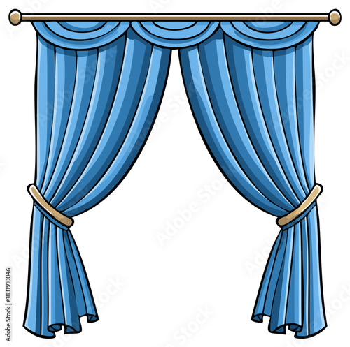 Cartoon illustration of blue window curtains with gold tiebacks