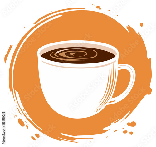 Hot Dark Coffee in White Mug with Decorative Orange Splash Background Graphic
