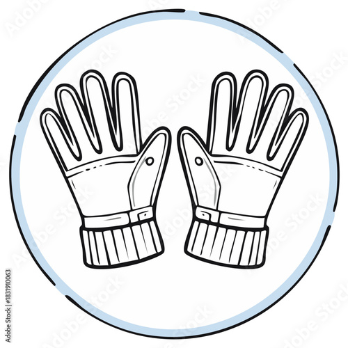 Doodle Style Pair of Winter Gloves with Knitted Cuffs within a Blue Circle Frame Depicting Clean Warmth and Hand Protection
