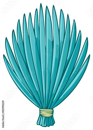 Stylized fan shaped bouquet of turquoise tropical palm leaves tied together cartoon vector illustration