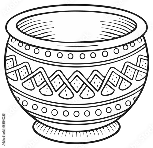 Decorative hand-drawn pottery, black and white illustration