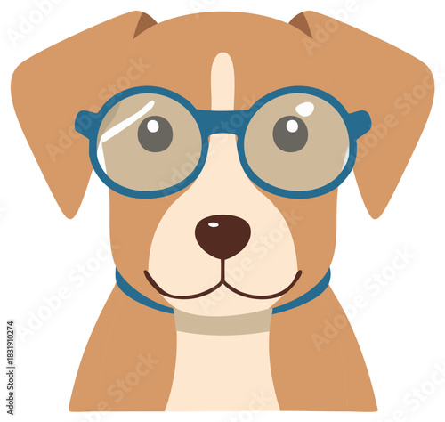 Cartoon Dog Portrait Wearing Blue Glasses And Collar With Friendly Expression