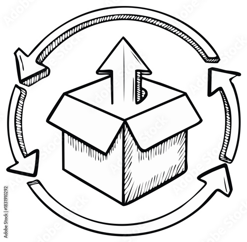 Hand-drawn open cardboard box with upward arrow and circular arrows icon