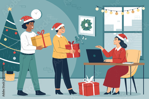 Coworkers Exchanging Christma Premium Digital Asset Suitable for Design