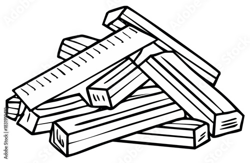 Pile of Timber Lumber Wood Beams Architectural Elements Illustration Black Lines
