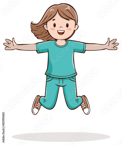 Young cartoon girl jumping happily with arms outstretched expressing freedom and joy