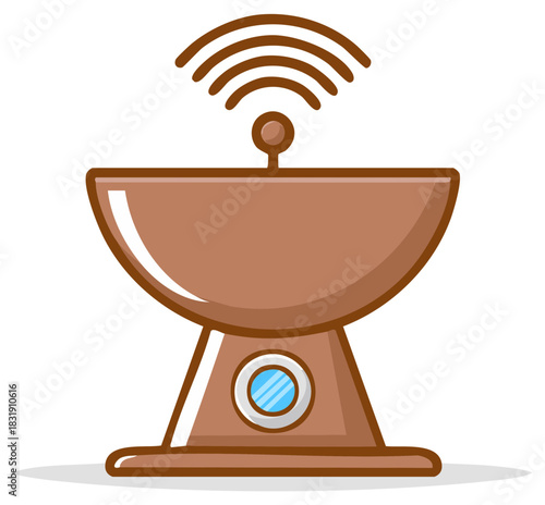 Cartoon satellite dish transmitting signals, brown communication antenna for internet and broadcast