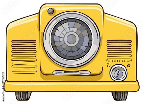 Vintage yellow tabletop radio cartoon illustration with a large round speaker and tuning dial