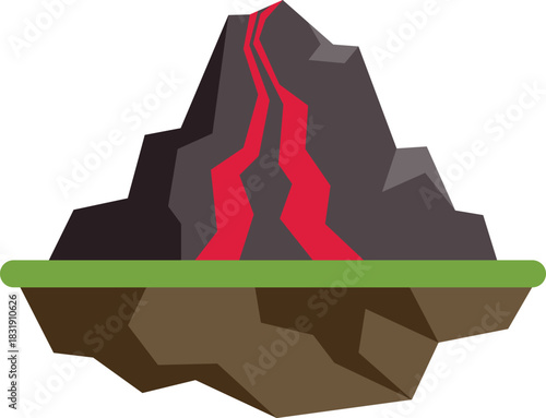 Volcano erupting molten lava flowing down its sides, situated on a small island with grass and a visible ground cross section