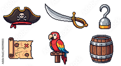 Set of six pirate themed items in a retro pixel art style featuring a skull hat, cutlass, hook, treasure map, parrot, and barrel,