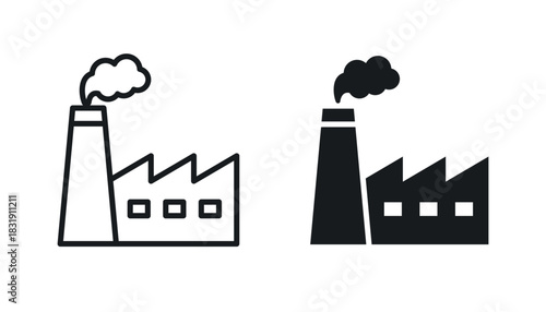 Factory icon. Factory industrial building outline and solid vector icons