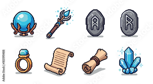 Pixel art set of fantasy magic items including a crystal ball, staff, runes, ring, scroll, and crystals, designed as game assets and