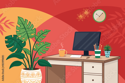 Featuring Office Desk With Plant Ornaments Coffee Beautiful Professional Photo