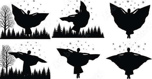 Set of Six Winter Spirit Silhouettes of a Woman Flying with a Large Flowing Cloak Over Snowy Pine Forest and Bare Trees, Black and White Vector Illustration Collection