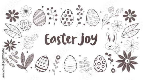 Whimsical easter joy illustration featuring hand drawn decorated eggs cute bunny flowers leaves and branches in a charming monochrome palette perfect for spring celebrations and festive designs