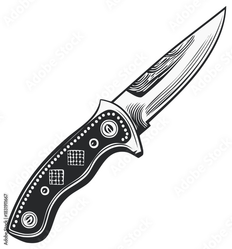 Detailed drawing of a pocket knife in vintage engraving style, isolated