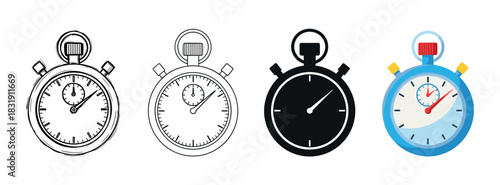 Set of four stopwatch icons in different artistic styles including sketch, line art, silhouette, and flat color vector illustration