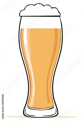 A tall glass filled with light amber beer topped with foamy white head