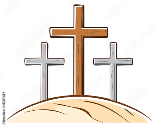 Cartoon illustration of three crosses on a hill symbolizing Christian faith sacrifice and resurrection