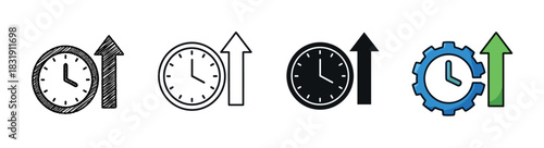 Set of four time efficiency icons with an upward arrow representing productivity and growth, illustrated in doodle, line, solid, and colorful styles