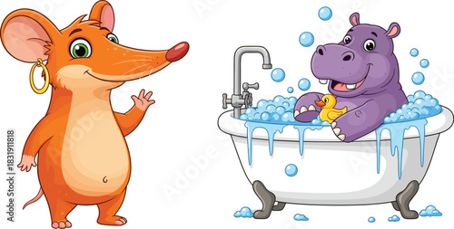 Set of Two Funny Cartoon Animals: A Standing Orange Mouse with an Earring and a Happy Purple Hippo Taking a Bubble Bath with a Rubber Duck, Vector Illustration