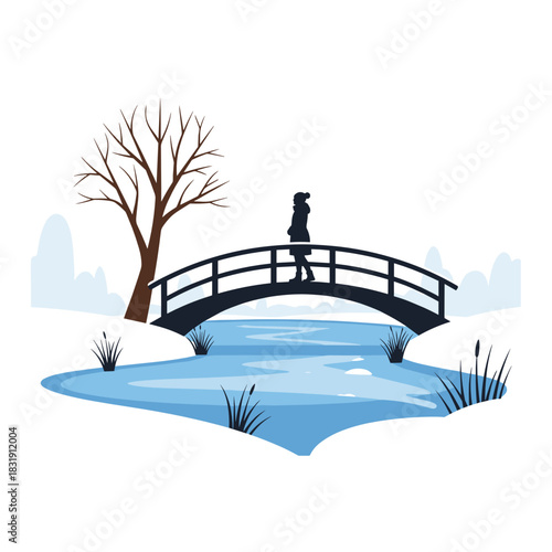 Woman walking on bridge over frozen pond in winter landscape  