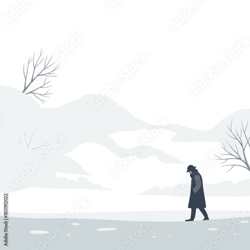 Woman enjoying winter walk in serene landscape with bare trees  