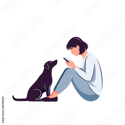 Woman using smartphone while sitting with dog on white background  