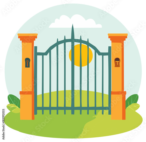 Illustrated entrance gate with orange pillars keyholes sun and green grass