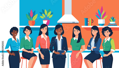Diverse smiling business women team in a colorful modern office Female empowerment and collaboration