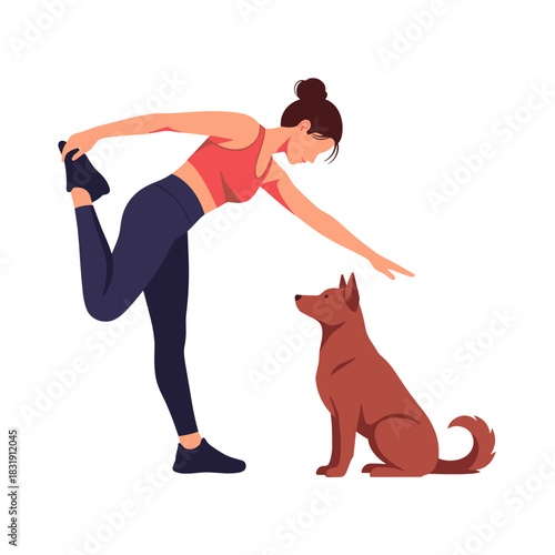 Woman stretching leg while training her dog at home in comfortable attire  