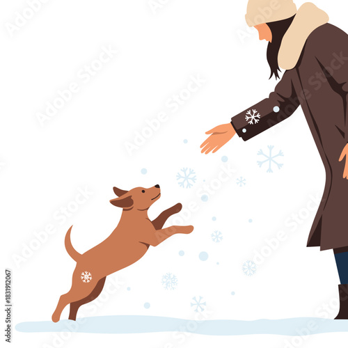 Woman reaching out to playful dog jumping in snow during winter  