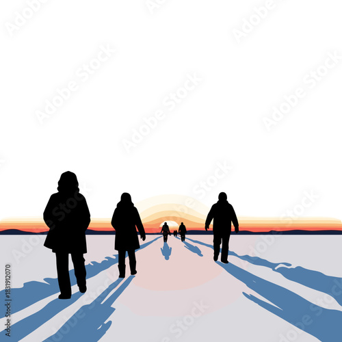 Silhouettes of people walking on a snowy path at sunset in winter  