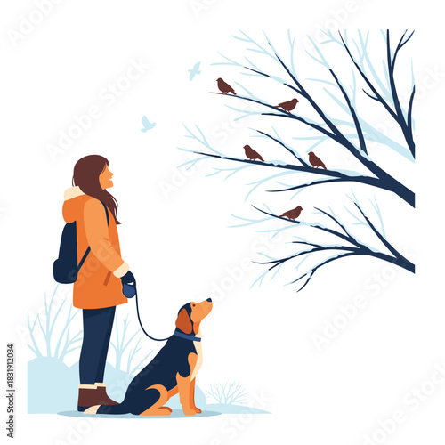 Woman enjoying winter walk with dog watching birds in park  