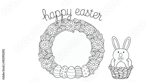 Happy easter black and white illustration featuring a floral wreath with decorative eggs and a cute bunny in a basket perfect for coloring pages and spring celebrations