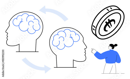 Two heads with brains connected by arrows symbolizing knowledge transfer, accompanied by a cryptocurrency coin and a person pointing. Ideal for innovation, exchange, collaboration, finance