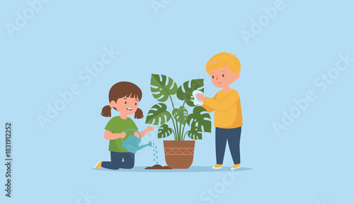 Two happy children caring for a large potted houseplant Home education and responsibility