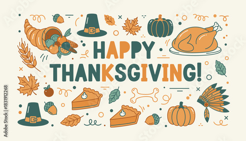 Happy Thanksgiving greeting illustration featuring turkey cornucopia pumpkin pie and autumn harvest symbols