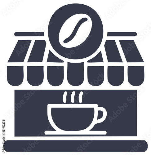 Coffee shop building with steaming coffee cup and coffee bean icon on awning
