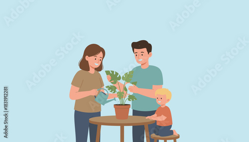 Happy family waters a houseplant together teaching the child care and responsibility