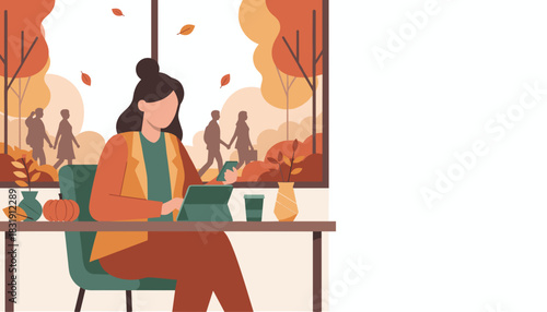 Autumn remote work Woman using tablet and phone by the window watching pedestrians
