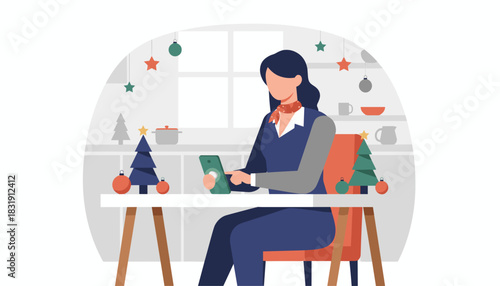 Festive business Woman using smartphone for remote work or online holiday shopping