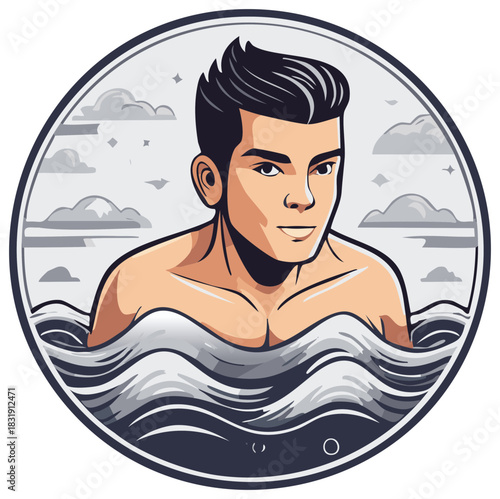 Attractive Man Swimming in the Ocean with Clouds Above in Round Vector Illustration
