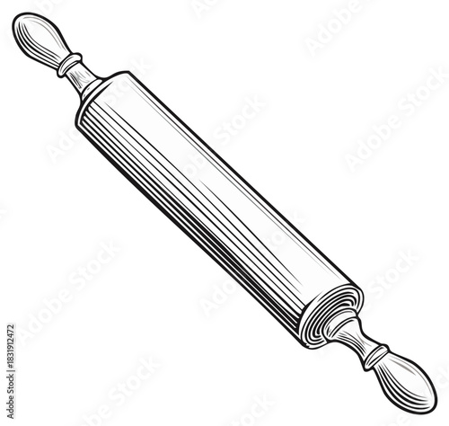 Black and white line art illustration of a classic wooden rolling pin, an essential kitchen utensil for baking