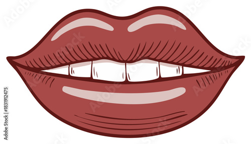 Cartoon lips with shiny red lipstick and white teeth