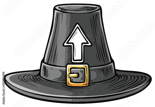 Traditional Pilgrim Hat with Upward Arrow Graphic and Gold Buckle Illustration