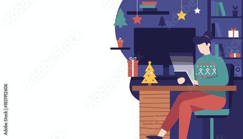 Woman using a tablet at a desk in a festive night home office with Christmas decorations