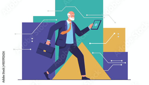 Active senior executive using modern technology moving fast in the business world