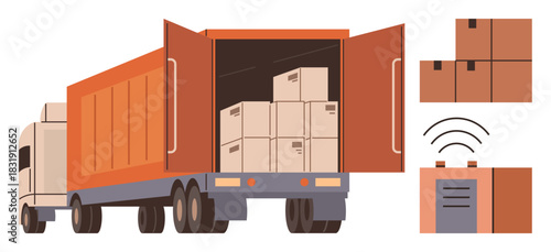 Freight truck carrying boxes, open trailer showcasing goods, package stack, cargo tracking device emitting signals. Ideal for logistics, delivery, supply chain, warehouse, shipping tracking systems